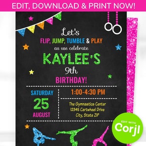 May include: A colorful invitation for a 9th birthday party at a gymnastics center. The invitation features a black chalkboard background with a glittery pink border. The text "Let's Flip, Jump, Tumble & Play" is written in bright colors. The invitation includes the date, time, and location of the party. The text "RSVP to Michelle at 555-555-5555" is included. The invitation also includes the text "Come dressed to tumble!"