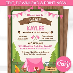 Camping Party Invitations for Girls - Camping Birthday Invitations - Camping Party Supplies - Girl&#39;s Camping - Edit with Corjl