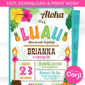 Luau Invitation - Luau Birthday Invitations - Luau Party Invitations - Luau Supplies - Hawaiian Luau Party - Edit using Corjl