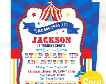 Circus Invitations - Circus Birthday Invitations - Carnival Themed Invitations - Circus Party Invitations - Edit with Corjl