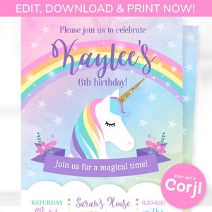 Puede incluir: Una invitaci&oacute;n imprimible para una fiesta de cumplea&ntilde;os de 6 a&ntilde;os con un dise&ntilde;o de unicornio con una melena y cola de arco&iacute;ris. La invitaci&oacute;n est&aacute; decorada con estrellas y flores. El texto de la invitaci&oacute;n dice "Kaylee's 6th birthday!" y "Join us for a magical time!" La invitaci&oacute;n es editable con Corjl.
