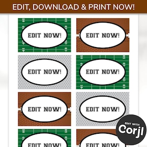 Étiquettes de football - Étiquettes de nourriture de football - Étiquettes de football - Marque-places modifiables - Cartes de tente de football - Impressions pour le jour du match - Modifier avec Corjl