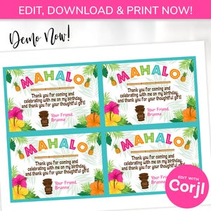 Luau Thank You Cards - Hawaiian Luau Mahalo Thank You - Hawaiian Party Supplies - Edit with Corjl