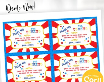 May include: A printable party invitation template with a circus theme. The design features red and white stripes, blue borders, and text that reads "Thank You For Coming." The text "Edit, Download & Print Now!" is at the top.