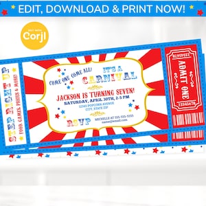 Carnival Invitations - Carnival Theme Party - Carnival Birthday Invitation - Carnival Ticket - Carnival Party - INSTANT ACCESS - Edit NOW! image 1