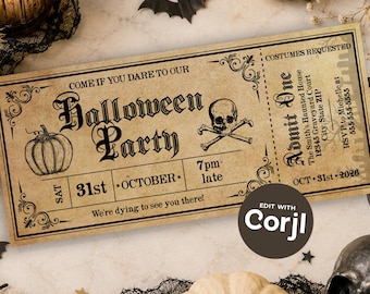 Editable Halloween Party Ticket Invitations, Spooky Vintage Halloween Invitation (Digital File or Printed)