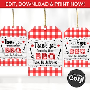 May include: Three red and white gingham BBQ thank you tags with gold string. Each tag has the text "Thank you for coming to our BBQ From, The Andersons" with a star, spatula, and fork graphic. The tags are for a BBQ party.