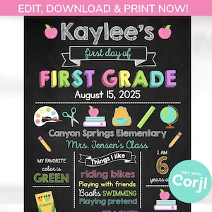 First Day of School Sign - Back to School Sign Template - Pink Back to School Chalkboard Sign - First Day of School Chalkboard Sign - Corjl