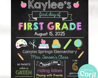 First Day of School Sign - Back to School Sign Template - Pink Back to School Chalkboard Sign - First Day of School Chalkboard Sign - Corjl