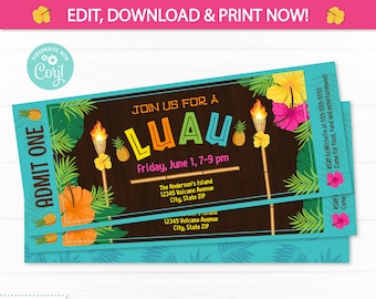 Luau Ticket Invitation - Luau Party Invitations - Summer Party Invitation - Luau Invitation - Hawaiian Luau Invitation - Edit NOW!