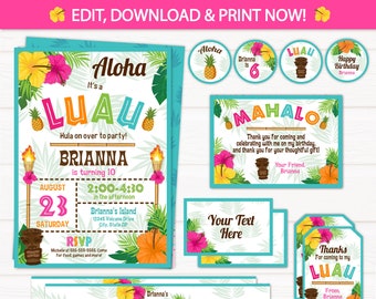 Luau Invitation - Luau Birthday Invitations - Luau Party Invitations - Luau Supplies - Luau Party Favors - INSTANT ACCESS - Edit NOW!