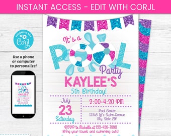 Pool Party Invitation - Swimming Party - Pool Party Birthday Invitations - Girl's Pool Party - Pink Pool Party - Birthday Pool Party