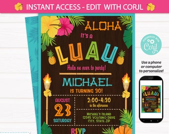 Luau Party Invitations - Luau Birthday Invitations - Adult Luau Invitation - Luau Invitation - Hawaiian Invitation- INSTANT ACCESS- Edit NOW