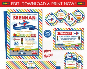 Transportation Invitation - Train Party Supplies - Transportation Birthday Party Favors - Car Party Ideas - Transportation Party Pack