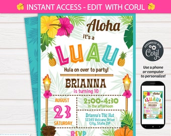 Luau Invitation - Luau Birthday Invitations - Luau Party Invitations - Luau Supplies - Hawaiian Luau Party - INSTANT ACCESS - Edit NOW!