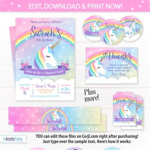 Unicorn Invitations - Unicorn Party - Unicorn Labels - Unicorn Birthday Invitations - Unicorn Thank You - INSTANT ACCESS - Edit NOW!