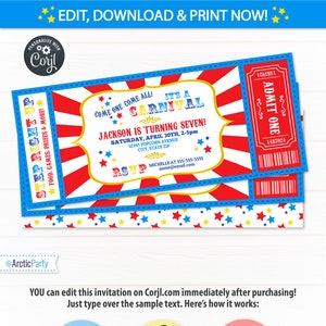 Carnival Invitations Carnival Theme Party Carnival Birthday Invitation Carnival Ticket Carnival Party INSTANT ACCESS Edit NOW image 1