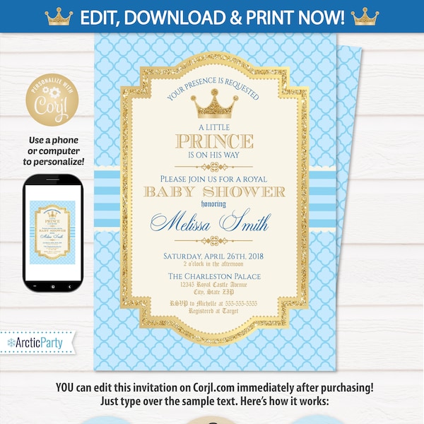 Royal Prince Baby Shower Invitations - Prince Party Invitations - Baby Shower Prince Party Supplies - INSTANT ACCESS - Edit NOW Royal Prince