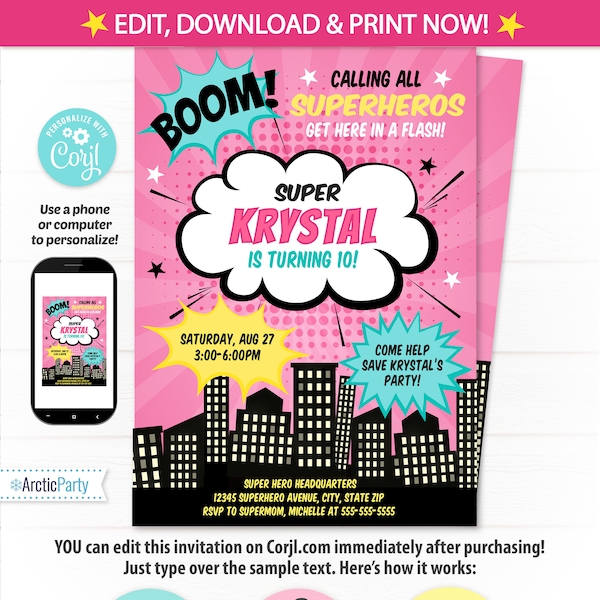 Girl Superhero Party Invitations - Superhero Invitations - Superhero Birthday Invitations - INSTANT DOWNLOAD - Edit NOW! Pink Superhero