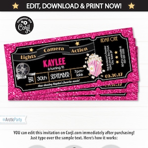 Movie Ticket Einladungen - Girls Movie Party Einladungen - Pink Hollywood Motto Party - Hollywood Party Einladungen - SOFORTIGER ZUGANG!
