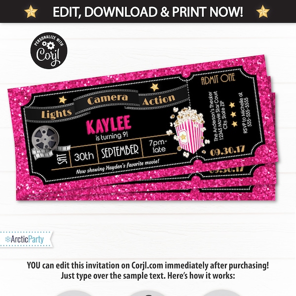 Movie Ticket Invitations - Girls Movie Party Invitations - Pink Hollywood Theme Party - Hollywood Party Invitations - INSTANT ACCESS!