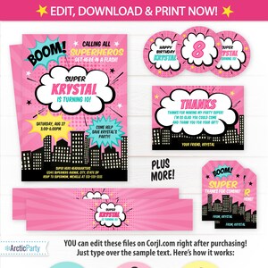 Superhero Invitations Girls Superhero Birthday Invitations Super Hero Thank You Cards Superhero Supplies INSTANT ACCESS Edit NOW image 1