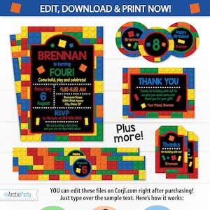 Building Bricks Invitation - Building Blocks Birthday Invitation - Building Bricks Party Supplies - Party Decorations - Edit NOW!