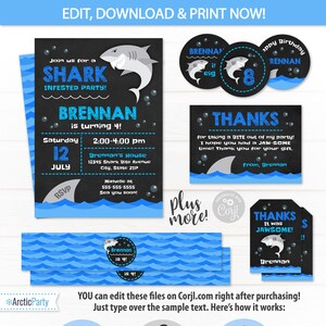Shark Birthday Invitations - Shark Party Supplies - Shark Party Favors - Shark Party Decor - Shark Water Bottle - INSTANT ACCESS - Edit NOW!