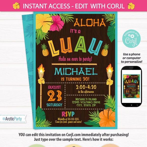 Luau Party Invitations - Luau Birthday Invitations - Adult Luau Invitation - Luau Invitation - Hawaiian Invitation- INSTANT ACCESS- Edit NOW