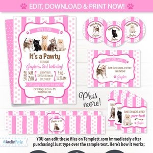 Cat Party Invitations - Kitten Birthday Party Invitations - Cat Party Supplies - Kitten Party Favors - Cat Party Ideas - Cat Party Decor