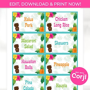 Cartes de marque Luau, imprimables tentes Luau - étiquettes fête Luau - étiquettes buffet Luau - tentes de nourriture hawaïennes - étiquettes sur le thème d'Hawaï - hawaïen