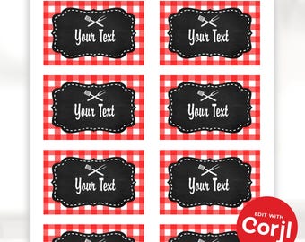 May include: Printable labels with a red and white checkered background and a black chalkboard-style label. Each label has the text "Your Text" and a fork and knife graphic. The image also includes instructions and the text "Edit with Corjl".