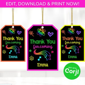 Glow Party Favor Tags - Doodle Party Tags - Neon Party Tags - Glow Gift Tags - Edit with Corjl