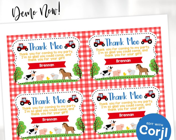 EDITABLE Farm Birthday Thank You Card Party Favors Greeting Card Farm ...