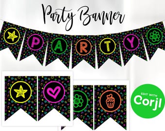 Glow Birthday Banner - Printable Neon Banner - Glow Party Birthday - Edit with Corjl