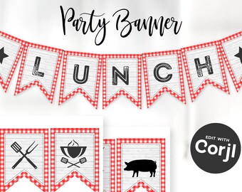May include: A printable party banner with the word "LUNCH" spelled out on individual pennants. The banner features a red and white checkered pattern and star accents. Additional pennants with grilling tools and a pig silhouette are also included.