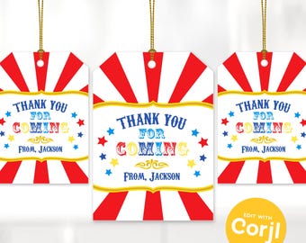 May include: Three circus-themed gift tags with red and white striped backgrounds and gold string. Each tag reads "THANK YOU FOR COMING" with the name "FROM, JACKSON". The tags have a gold border and colorful star accents.