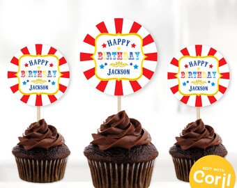 Carnival Cupcake Toppers, Carnival Stickers, Carnival Cupcake Toppers, Carnival, Circus Day Circles - Edit with Corjl