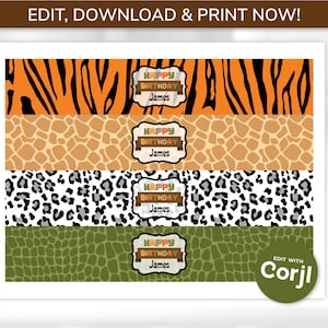 May include: Four printable labels for water bottles featuring a jungle animal print theme. The labels have a brown, orange, and white tiger stripe pattern, a brown and orange giraffe print, a black and white leopard print, and a green crocodile print. Each label has a banner with the text "Happy Birthday James". The labels are designed to be edited and printed using the Corjl website.