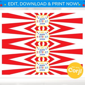 May include: A printable birthday party banner with a red and white burst design. The banner includes four rectangular labels with the text "HAPPY BIRTHDAY JACKSON" in a decorative font. The top of the banner reads "EDIT, DOWNLOAD & PRINT NOW!"