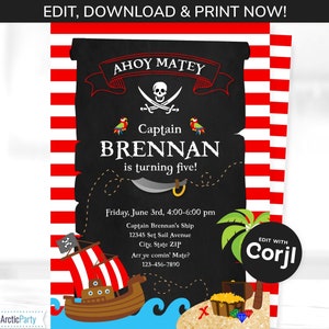 Pirate Invitation - Pirate Party Invitations - Pirate Birthday Party Invites - Pirate Party Supplies - Pirate Themed Party, Edit using Corjl