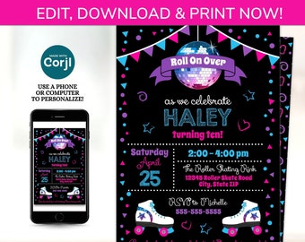 Roller Skating Invitations, Roller Skating Birthday Party Invitations - Roller Skate Invitations - INSTANT ACCESS - Edit NOW! Corjl