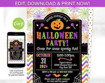 May include: Halloween party invitation with a black chalkboard design, featuring a jack-o'-lantern, spiderwebs, and the text "HALLOWEEN PARTY!" Includes event details and instructions for personalization via Corjl.