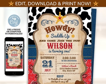 Cowboy Invitations - Western Invitations - Cowboy Party Invitations - Western Party Invitations - EDIT at home NOW! Cow boy Invitation