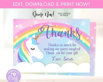 Unicorn Thank You Card - Unicorn Gift Card - Unicorn Invitation - Unicorn Party Ideas - Unicorn Party Invitations - Unicorn Birthday