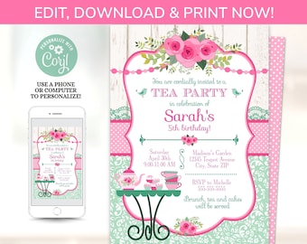 Tea Party Invitation - Tea Party Birthday Invitation - Tea Party Supplies - Tea Party Ideas - Tea Party Theme - INSTANT ACCESS - Edit NOW!