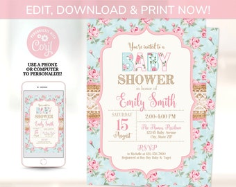Shabby Chic Baby Shower Invitation, Girl Baby Shower Invitation, Vintage Baby Shower, Shabby Chic Invitation, INSTANT ACCESS - Edit NOW!