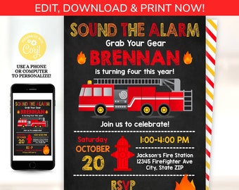Fire Truck Birthday Party Invitations, Fireman Party -  Fire Truck Invitations - Firefighter Birthday Party - INSTANT ACCESS - Edit NOW!