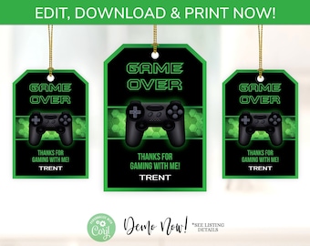 Green Gaming Favor Tags, Gaming Party Gift Tags, Printable Video Game Birthday Tags - Gaming Party Favors