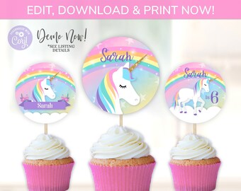 Topper per cupcake unicorno, adesivi unicorno, cerchi per cupcake unicorno, etichette regalo unicorno, etichette regalo unicorno, etichette regalo unicorno